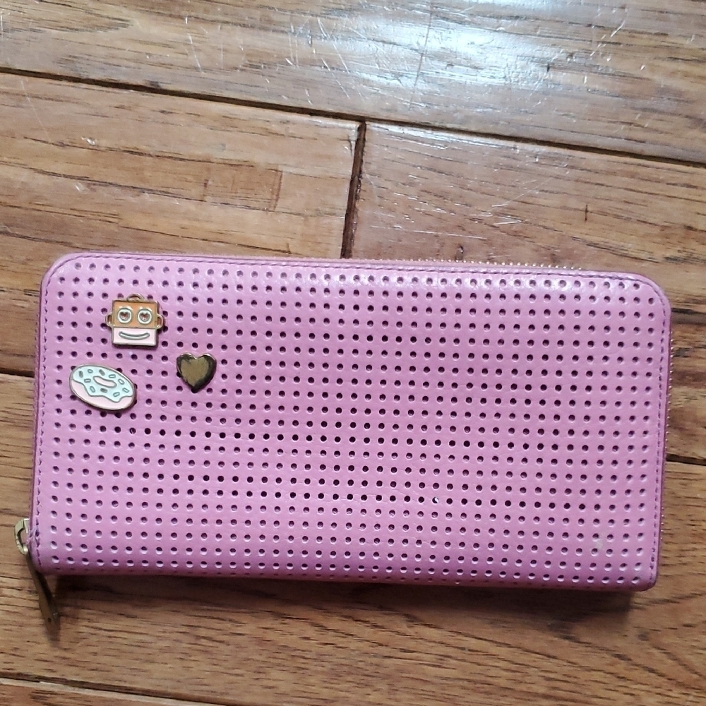 Fossil pink perforated hearts zip around wallet